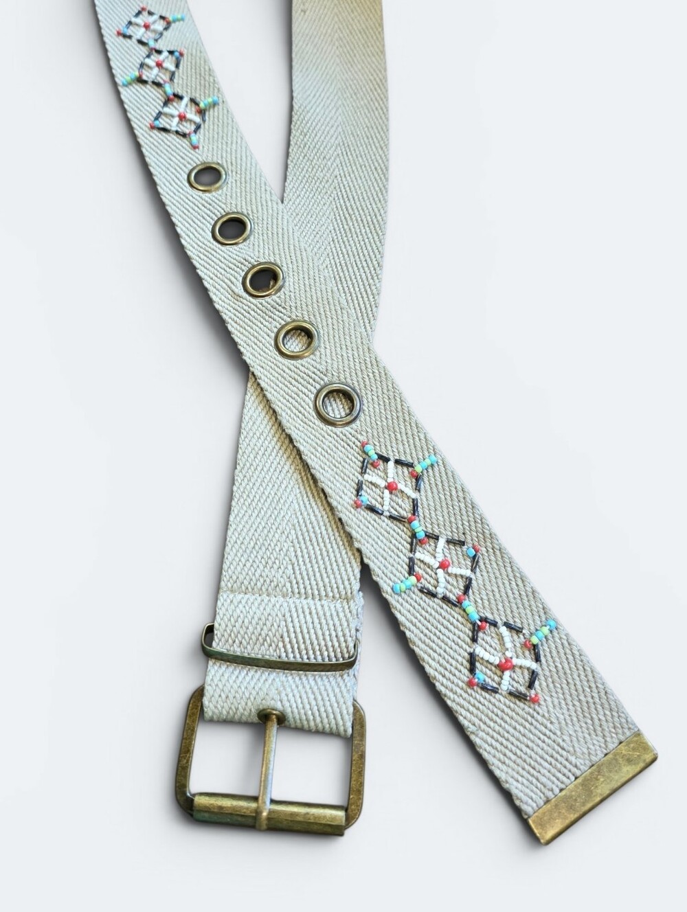 Embroidered Ivory Woven Belt with Brass Hardware Size 13